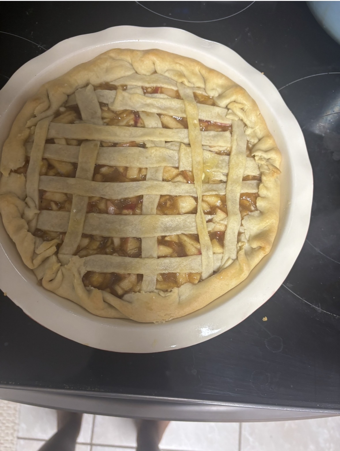 Homemade apple pie with a hand woven lattice crust baked by Mya